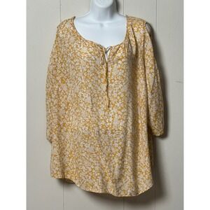 Como Blu Women's Yellow Floral Ladder Opening on Arms Tie Neck Blouse Size 1X